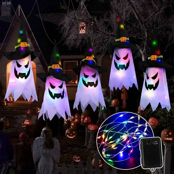 Scidweet Halloween Decorations Indoor Outdoor, 5 Pcs Halloween Lights Glowing Ghost Witch Hat Ornaments Gifts for Home Garden Yard