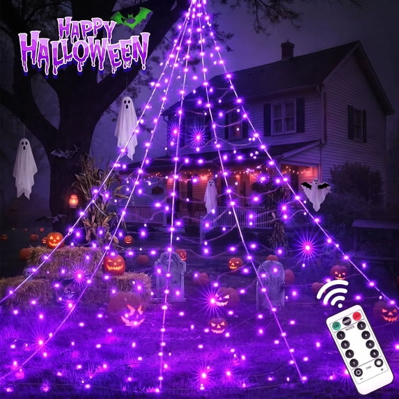 Scidweet Halloween Decorations Outdoor, 500 LED Halloween Giant Spider Web Lights for Garden Yard Porch Home Decor, Purple White