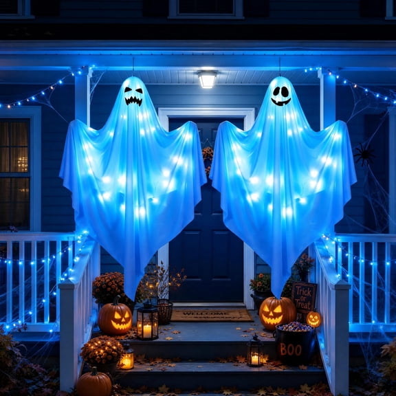 Scidweet Halloween Ghost Decor, 2 Pack 48" Light up Hanging Halloween Ghosts Blue LED Light Yard Garden Porch Outdoor Decorations