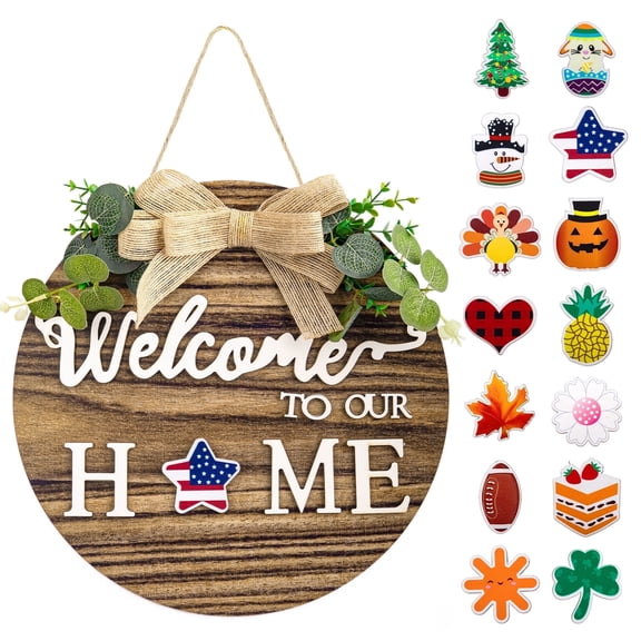 Scidweet Interchangeable Seasonal Welcome Sign, Wood Wreaths Wall Hanging for Spring Front Door Outdoor Home Farmhouse Holiday Decor