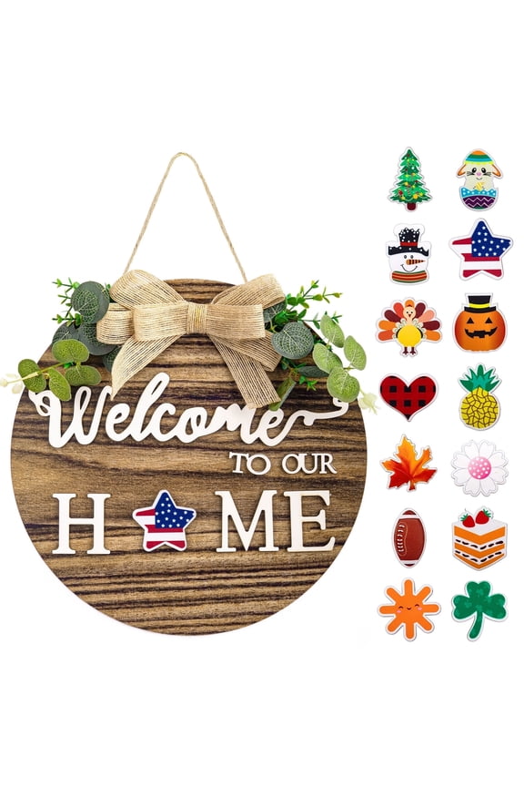 Interchangeable Seasonal Welcome Sign, Wood Wreaths Wall Hanging for Spring Front Door  Outdoor Home Farmhouse Holiday Decor