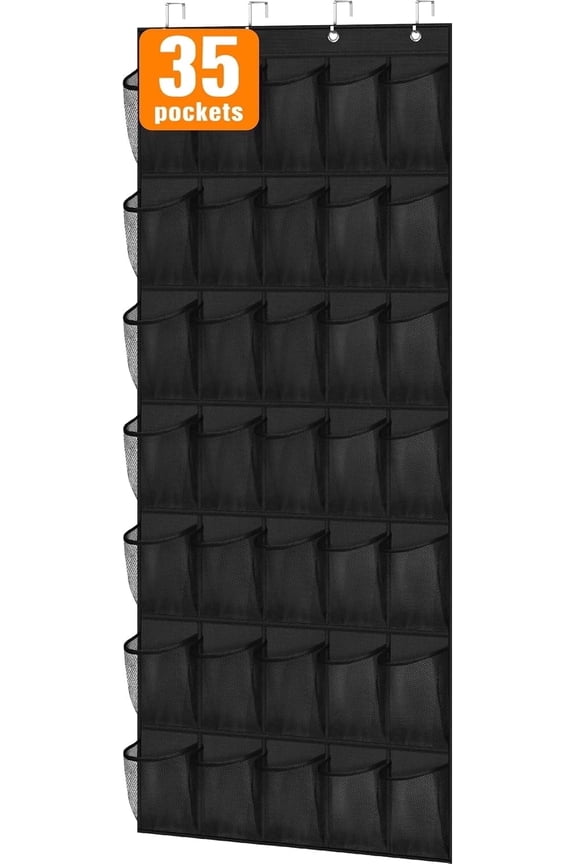 Over The Door Shoe Organizer, 35 Large Breathable Mesh Pockets Hanging Storage Holder Shoe Rack Closet Organizer, Black