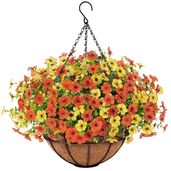 Scidweet Artificial Fall Hanging Flowers, 12 Pcs Fake Autumn Flowers Faux Plants with Coconut Lining Basket for Outdoor Indoor Fall Decoration for Home Garden, Mixcolor