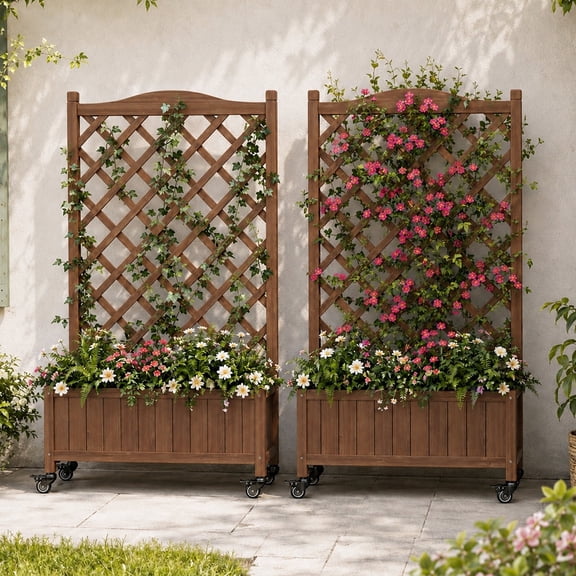 ScienGarden 2 Pack Outdoor Planter Box with Lattice Trellis and Wheels, 50" Tall Wooden Raised Garden Bed with Drainage Holes for Climbing Plants
