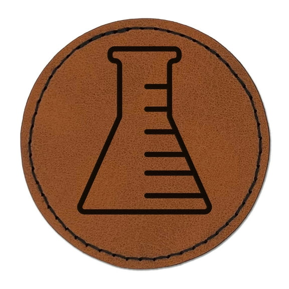 Science Chemistry Beaker Flask 2.5" Faux Leather Round Engraved Iron-On Patch - Brown