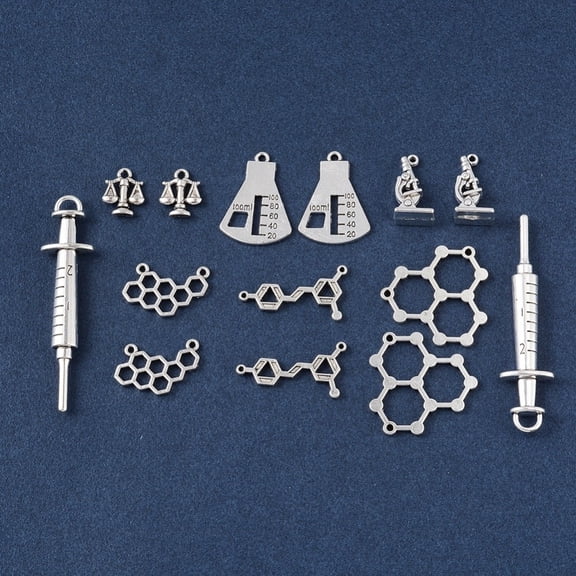 Science/Chemistry Theme Tibetan style Zinc Alloy Pendants Microscope & Measuring Cylinder & Scale & Molecule & Injection Syringe Shape Antique Silver 28pcs/set