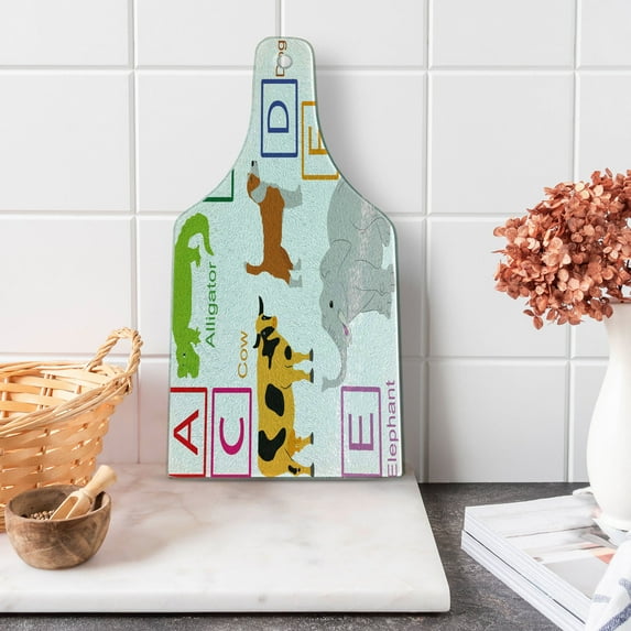 Science Cutting Board, Alphabet Letters with Zoo Animals Fun Teaching Theme, Decorative Tempered Glass Cutting and Serving Board, Wine Bottle Shape, Multicolor, by Ambesonne