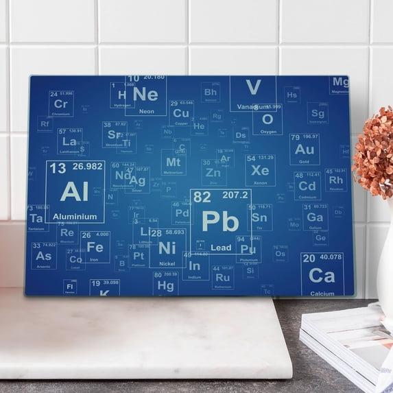 Science Cutting Board, Chemistry Tv Show Inspired Image Periodic Element Table Print Art, Decorative Tempered Glass Cutting and Serving Board, Large Size, Blue and White, by Ambesonne