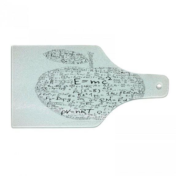 Science Cutting Board, Equations and Formulas in the Shape of an Apple Learning Knowledge Student, Decorative Tempered Glass Cutting and Serving Board, Wine Bottle Shape, Black White, by Ambesonne