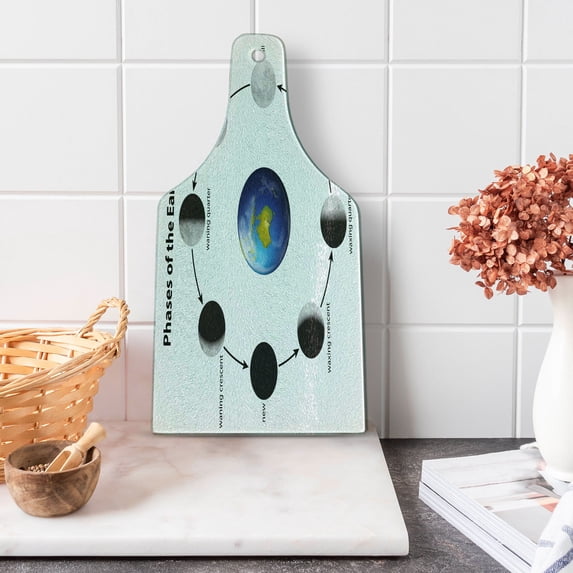 Science Cutting Board, Phases on the Moon as Seen from Earth Celestial Rotation Astrology Cycle, Decorative Tempered Glass Cutting and Serving Board, Wine Bottle Shape, Black Grey Blue, by Ambesonne