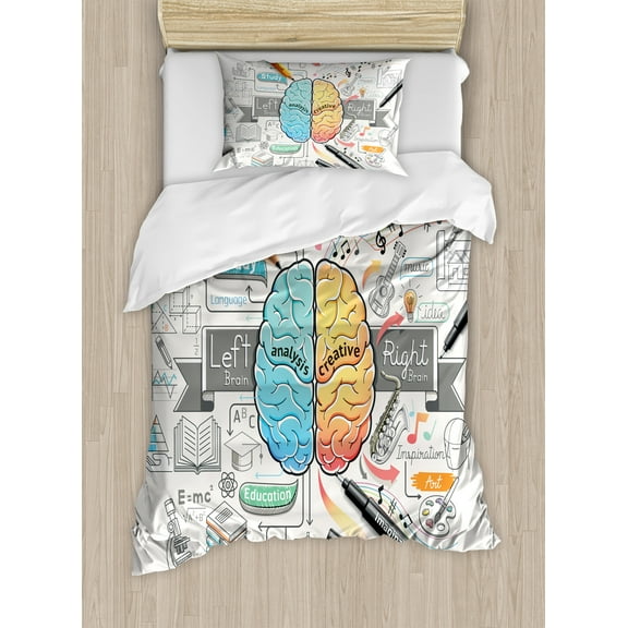 Science Duvet Cover Set, 2 Sides of Human Brian Analitical Imaginitive Art Educaion Abilities, Decorative 2 Piece Bedding Set with 1 Pillow Shams, Twin Size, Marigold Turquoise Grey, by Ambesonne