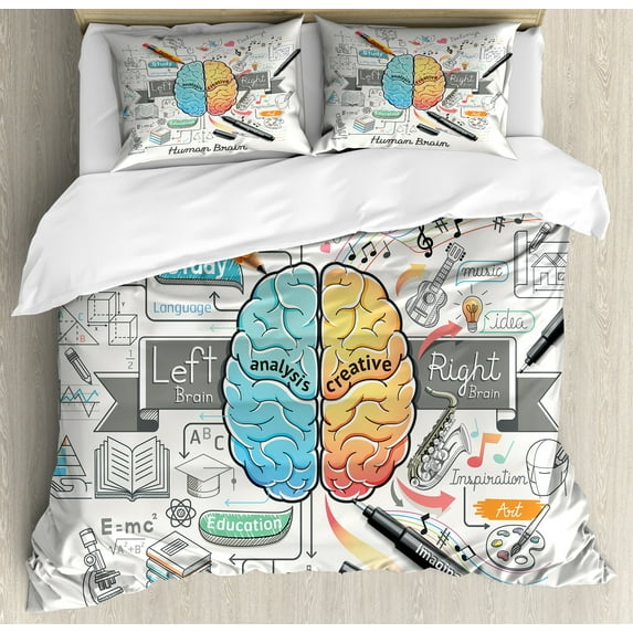 Science Duvet Cover Set, 2 Sides of Human Brian Analitical Imaginitive Art Educaion Abilities, Decorative 3 Piece Bedding Set with 2 Pillow Shams, Calking Size, Marigold Turquoise Grey, by Ambesonne
