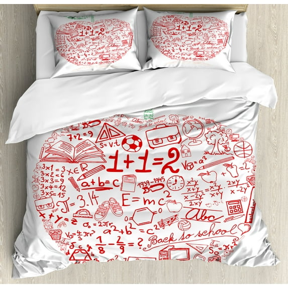 Science Duvet Cover Set, Apple Basic Formulas Exercise Study Theme Simplistic Design, Decorative 3 Piece Bedding Set with 2 Pillow Shams, King Size, Red Forest Green, by Ambesonne