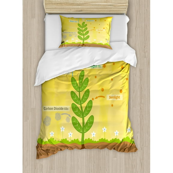 Science Duvet Cover Set, Cartoon Photosynthesis Oxygen Carbon Dioxide Sunlight and Water, Decorative 2 Piece Bedding Set with 1 Pillow Shams, Twin Size, Earth Yellow Green Umber, by Ambesonne