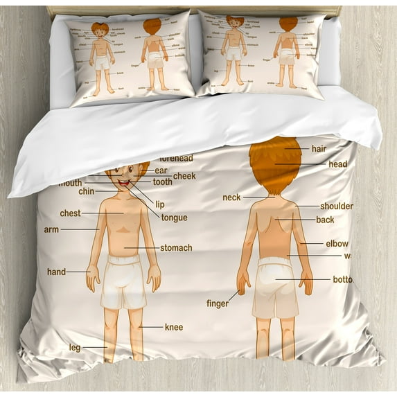Science Duvet Cover Set, My Body Parts of Human Informative Content Print Elements, Decorative 3 Piece Bedding Set with 2 Pillow Shams, King Size, Champagne Multicolor, by Ambesonne
