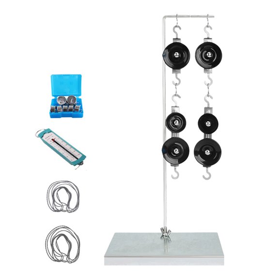 Science Experiment Apparatus with Pulley Systems and Metal Weights for Physics Education