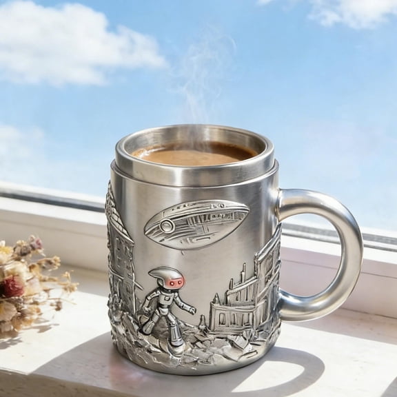 Science Fictio Themed Stainless Steel Drinkware Set - Futuristic Design Coffee and Beer Mugs - Ergonomic Handle Technology Inspired Cups for Home and Office Use