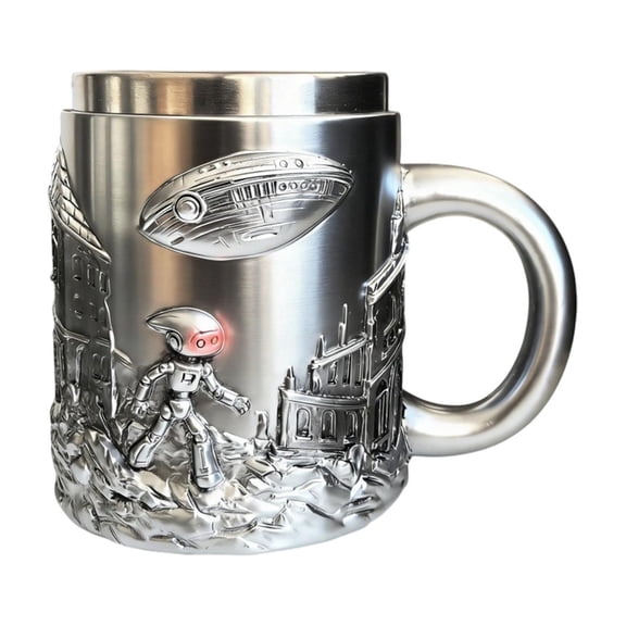 Science Fiction Coffee Mug, Stainless Steel Beer Cup with Mechanical Handle, Futuristic Technology Drinkware for Movie Memorabilia, Gift for Sci-Fi Fans