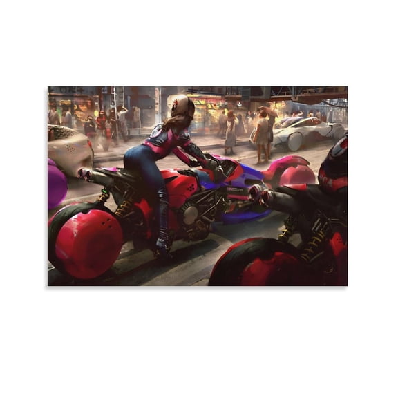 Science Fiction Concept Art Futurism Fantasy Women And Motorcycles Poster Artworks Canvas Poster Room Aesthetic Wall Art Prints Home Modern Decor Gifts 12x18inch(30x45cm)