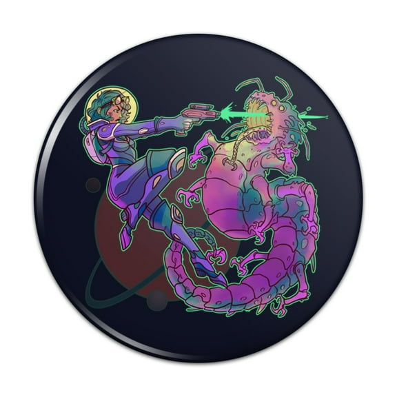 Science Fiction Space Woman and Alien Kitchen Refrigerator Locker Button Magnet