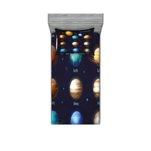 Science Fitted Sheet & Pillow Sham Set, Solar System Planets and the Sun Pictograms Set Astronomical Colorful Design, Decorative Printed 4 Piece Bedding Decor Set, Twin, Multicolor, by Ambesonne