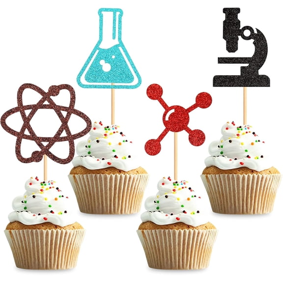 Science Glitter Cupcake Toppers, Atom Microscope Molecule Beaker Picks, Birthday Party Decorations, 12 Pcs