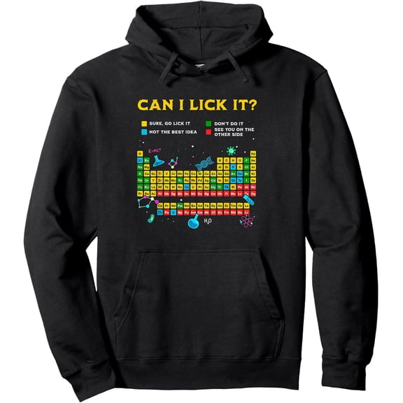 Science Humor Periodic Table Hoodie - "Can I Lick It?" Graphic Black Pullover Sweatshirt