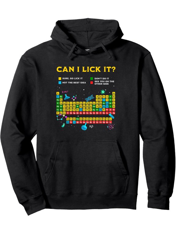 Science Humor Periodic Table Hoodie - "Can I Lick It?" Graphic Black Pullover Sweatshirt