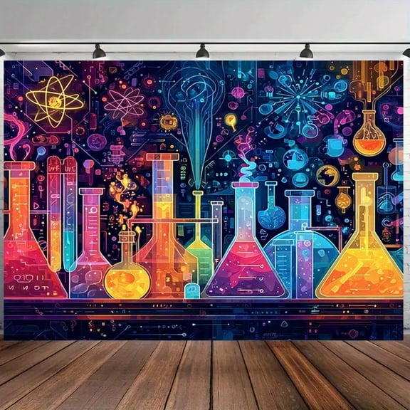 Science Lab Neon Style Polyester Backdrop Banner with Beaker, Test Tube and Atomic Structure Pattern, Large Fabric Poster for School Science Fair, Birthday Party, Photo Booth 82.6x59 Inch