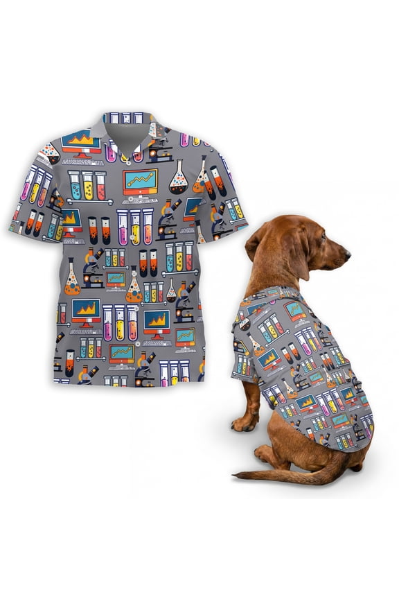Science Lab Pattern Hawaiian Shirt, Chemistry Print Button Down Shirt for Adults or Dogs, Cuban Collar, Short Sleeve Polyester Summer Shirt