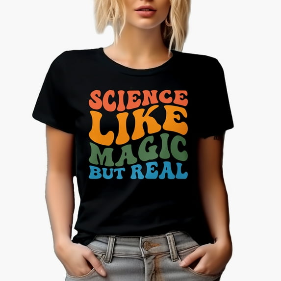 Science Like Magic but Real, School, Student or Teacher Themed Quote, Groovy Retro Wavy Text Merch Gift, Black T-Shirt, Large