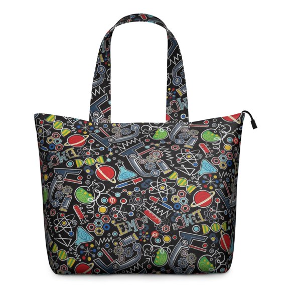 Science Lover Educational Wall Inspired Travel Tote Bag Lightweight Multipurpose Weekender Bag with Astronomy, Geometric, Technology Prints