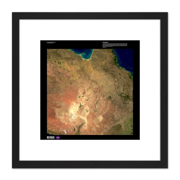 Science Map Satellite Australia Coral Reef Old Reproduction 8X8 Inch Square Wooden Framed Wall Art Print Picture with Mount