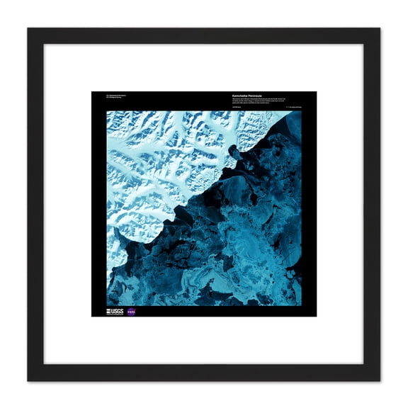 Science Map Satellite Kamchatka Russia Ice Snow Replica 8X8 Inch Square Wooden Framed Wall Art Print Picture with Mount