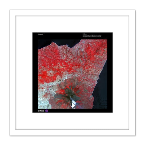 Science Map Satellite Mount Etna Volcano Sicily Replica 8X8 Inch Square Wooden Framed Wall Art Print Picture with Mount