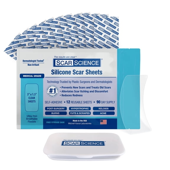 Science Medical Grade Silicone Scar Patches, Reusable Silicone Gel Sheets with Case, 3" 12 Pack