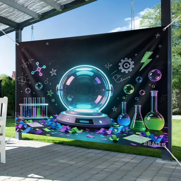 Science Party Decorations Photo Studio Background Birthday Party Decor Banner Supplies Mad Science Fun Scientist Subject Black Backdrop School Poster for Photography 51*59IN