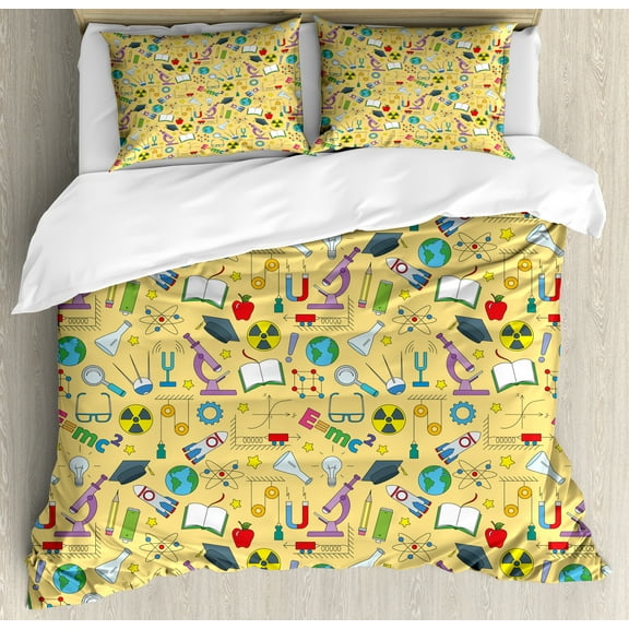 Science Party Duvet Cover Set, Repetitive Educative Physics Related Symbols Equipment and Formulas, Decorative 3 Piece Bedding Set with 2 Pillow Shams, Calking Size, Mustard Multicolor, by Ambesonne
