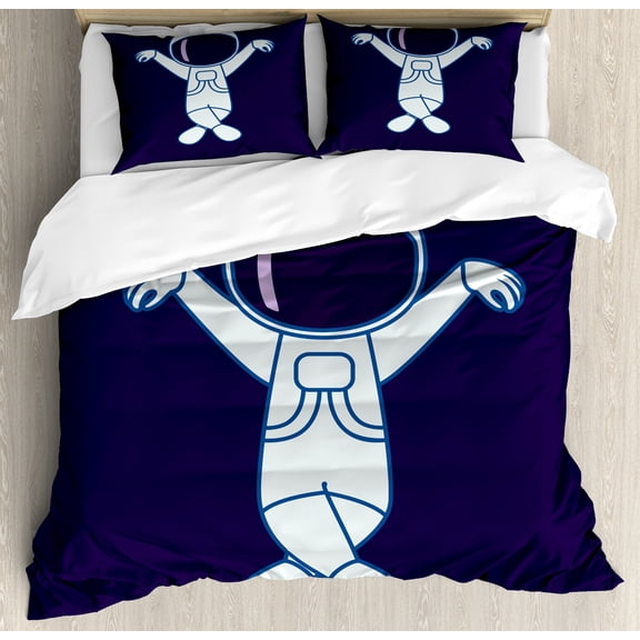 Science Party Duvet Cover Set, Whimsical Cartoon Style Image of an Astronaut Dancing on Outer Space, Decorative 3 Piece Bedding Set with 2 Pillow Shams, King Size, Indigo White Blue, by Ambesonne