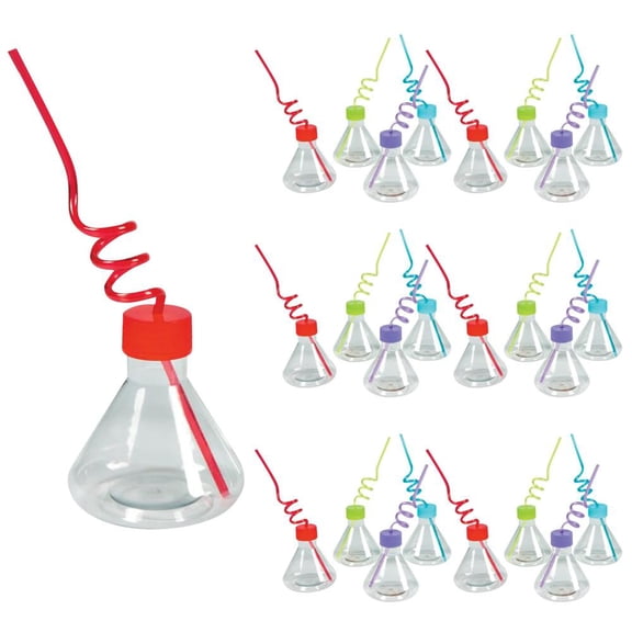 Science Party Flask-Shaped Plastic Cups with Lids & Straws  24 ct
