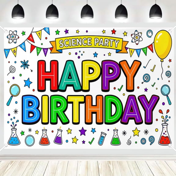 Science Party Happy Birthday Backdrop Lab Beaker Atom Polyester Banner for Kids Science Themed Birthday Party Photo Booth Wall Decor 5x3ft