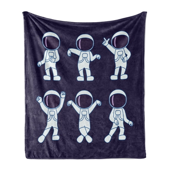 Science Party Soft Flannel Fleece Blanket, Continuous Pattern Astronauts Sketch Dancing and Posing on Space, Cozy Plush for Indoor and Outdoor Use, 50" x 60", Indigo Blue and White, by Ambesonne