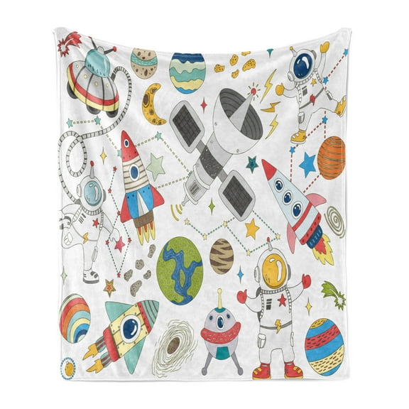 Science Party Soft Flannel Fleece Blanket, Illustration of Astronauts and Spaceships Visiting Unknown Far Planets, Cozy Plush for Indoor and Outdoor Use, 70" x 90", White Multicolor, by Ambesonne