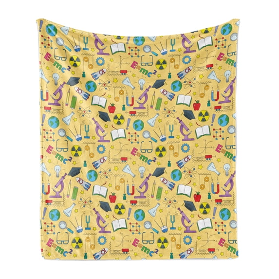 Science Party Soft Flannel Fleece Blanket, Repetitive Educative Physics Related Symbols Equipment and Formulas, Cozy Plush for Indoor and Outdoor Use, 60" x 80", Mustard Multicolor, by Ambesonne