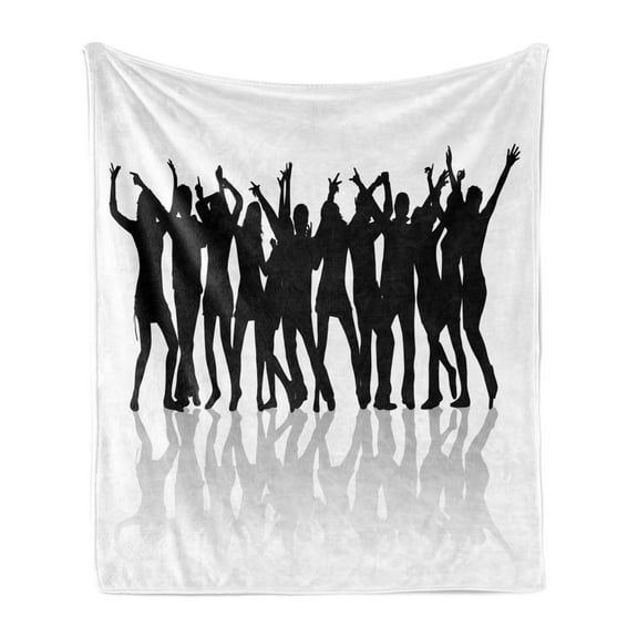 Science Party Soft Flannel Fleece Throw Blanket, Young Crowd Silhouette Design Party Together Illustration Art Print, Cozy Plush for Indoor and Outdoor Use, 50" x 60", White and Black, by Ambesonne