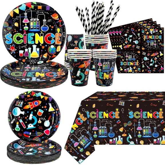 Science Party Supplies, Includes Plates, Tablecloth, Cups, Straws, for Boy Girl Scientist Lab Decoration Serves 20 Guests