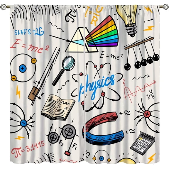 Science Physics Window Curtains, Abstract Math Chemistry Curtain Scientist Graffiti Print Window Treatments for Kids Teens Bedroom Living Room Set 2 Panels,63x63 Inches