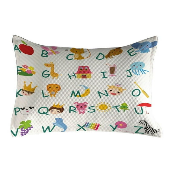 Science Quilted Pillowcover, Alphabet with Fruits Animals Prince Cartoon Cheerful Colorful Design, Standard King Size Accent Pillow Cover for Bedroom, 36" x 20", Multicolor, by Ambesonne