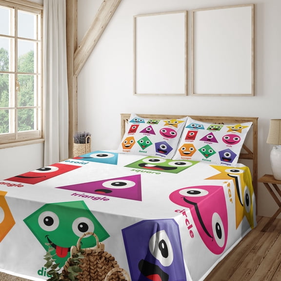 Ambesonne Science Fitted & Top Sheet Set with Shams, Shapes with Funny Faces, Green and Purple