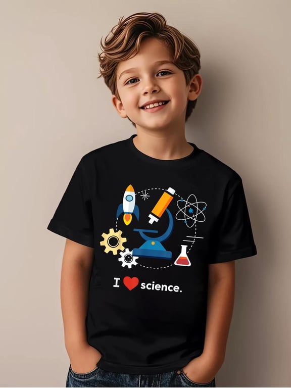 Science Shirts for Kids (science geek gifts) I Love Science (Black, Unisex-Kids, Short Sleeve,, Small)Cotton Soft Graphic Tee Breathable Playwear T-Shirt
